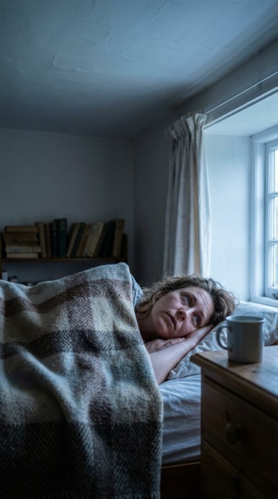 Emotionally exhausted mother lying awake at dawn feeling tired despite getting enough sleep