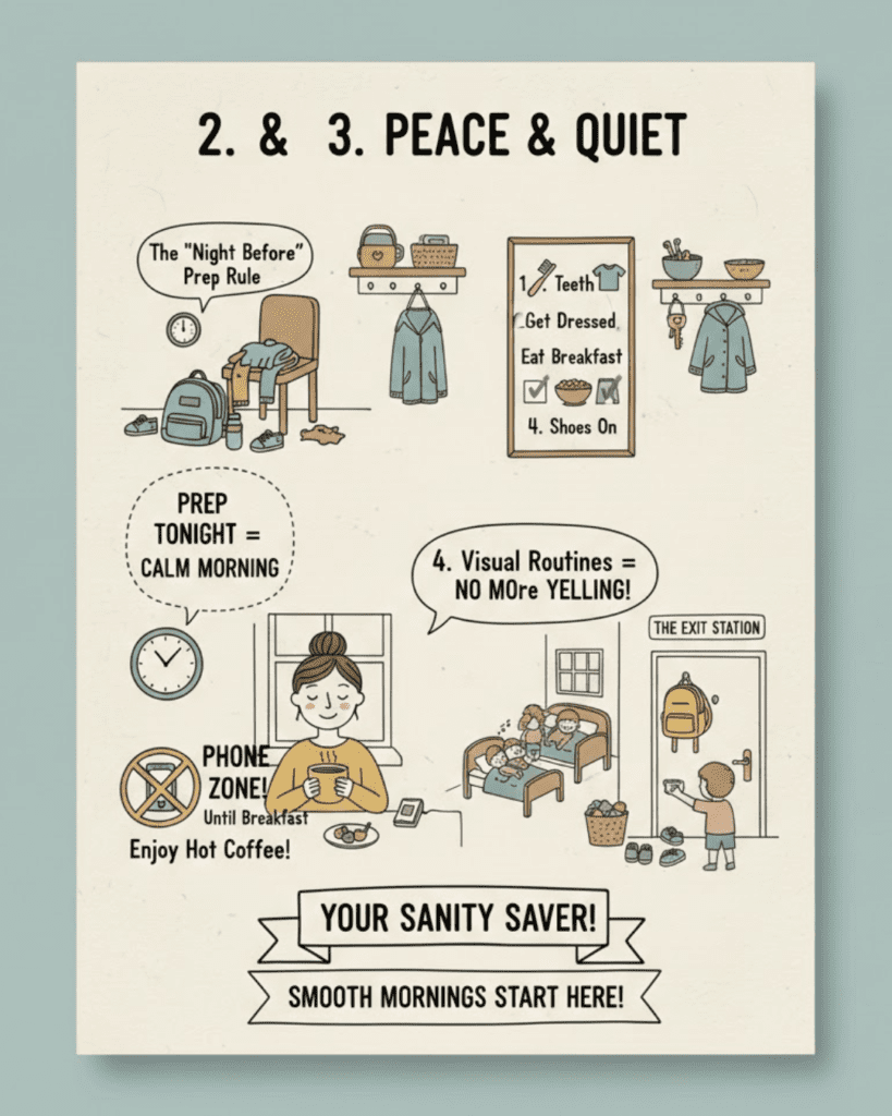 Visual drawing of the Night Before Prep rule and Phone Free Zone until breakfast