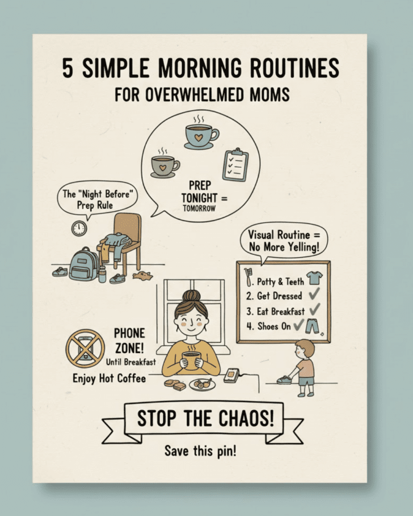 Infographic showing 5 simple morning routines for overwhelmed moms with visual drawings